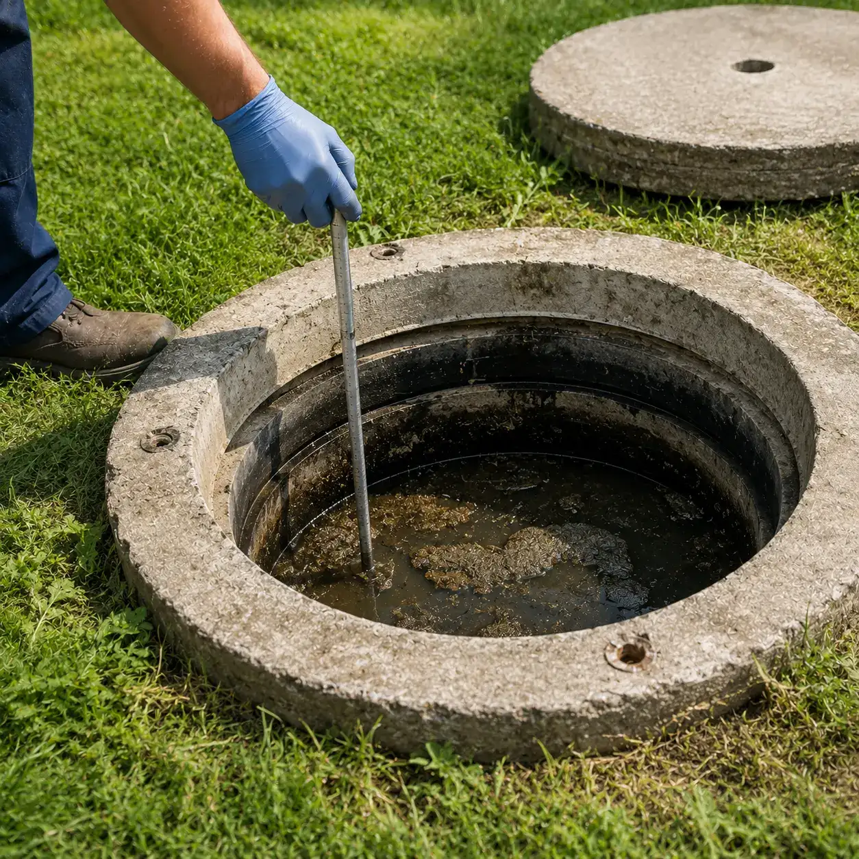 Technician inspecting a septic tank on a rural property near Ingersoll